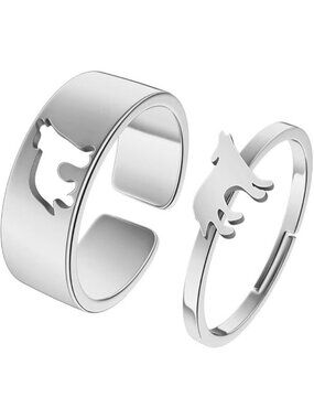 Wolf silver 2Pcs Matching Cute Animals Promise Engagement Ring